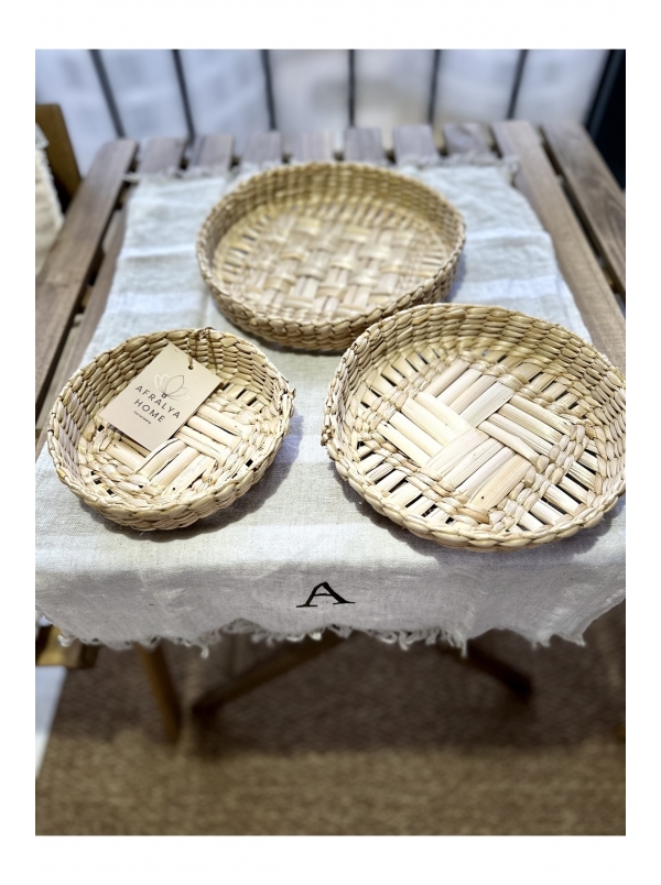 3 lü Yuvarlak Çerezlik Kase Hasır Bambu Ahşap...