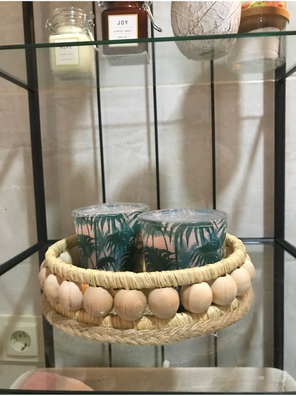 Boncuklu Hasır Tepsi/Bohem Dekoratif Hasır Tepsi