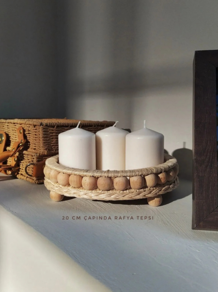 Boncuklu Hasır Tepsi/Bohem Dekoratif Hasır Tepsi