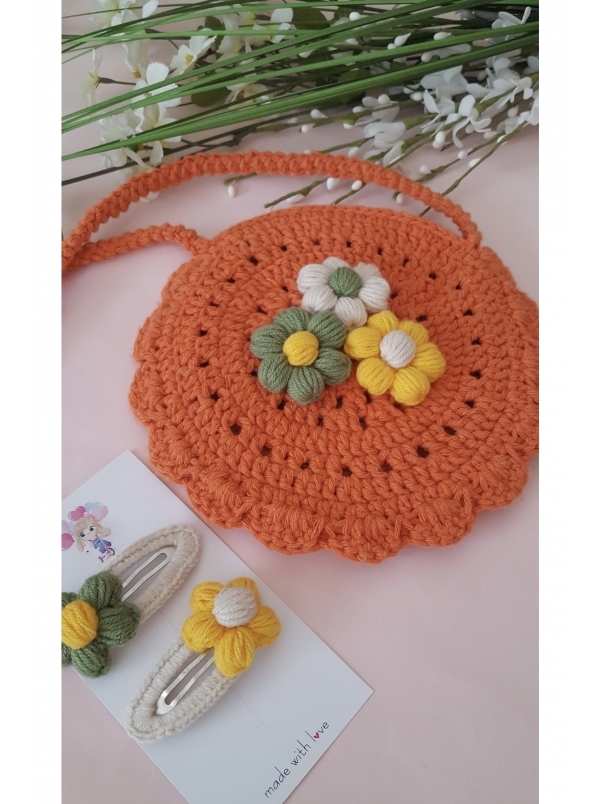 Kız Bebek/Çocuk Dekoratif Örgü Çanta ve Toka...