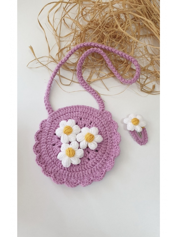 Kız Bebek/Çocuk Dekoratif Örgü Çanta ve Toka Takımı